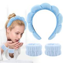 3入組水療頭帶手帶套裝,化妝頭帶和手帶,用於洗臉護膚微纖維手帶洗毛巾帶髮帶髮飾女性女孩 - 藍色 - 查看 1
