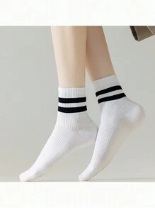 5pairs Women's White College Style Double Striped Short Socks