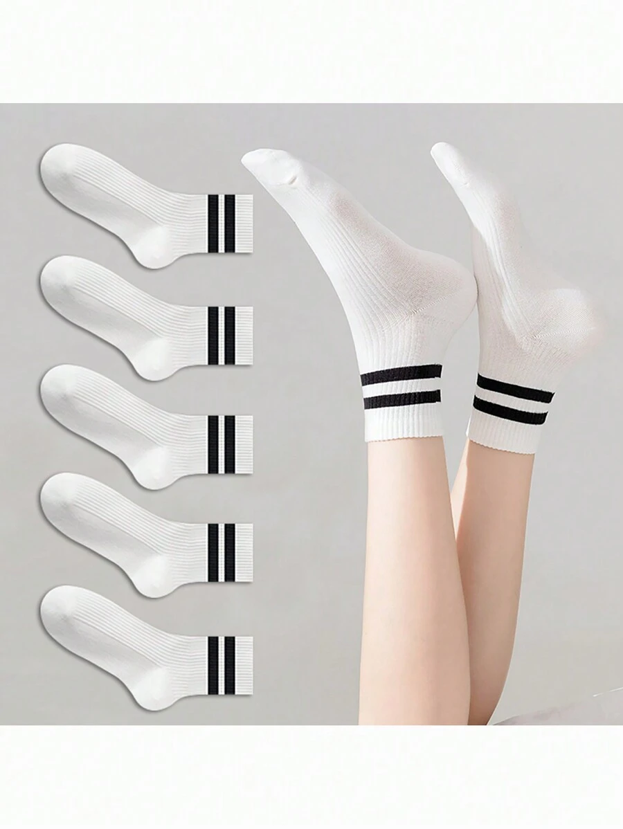 5pairs Women's White College Style Double Striped Short Socks
