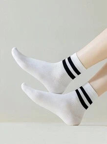 5pairs Women's White College Style Double Striped Short Socks