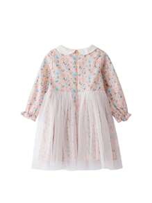 Annil Kids Dresses Spring And Autumn Mesh Splice Fragmented Cotton Polo Neck Long Sleeve Young Girls Dresses Pink