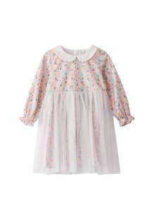Annil Kids Dresses Spring And Autumn Mesh Splice Fragmented Cotton Polo Neck Long Sleeve Young Girls Dresses Pink