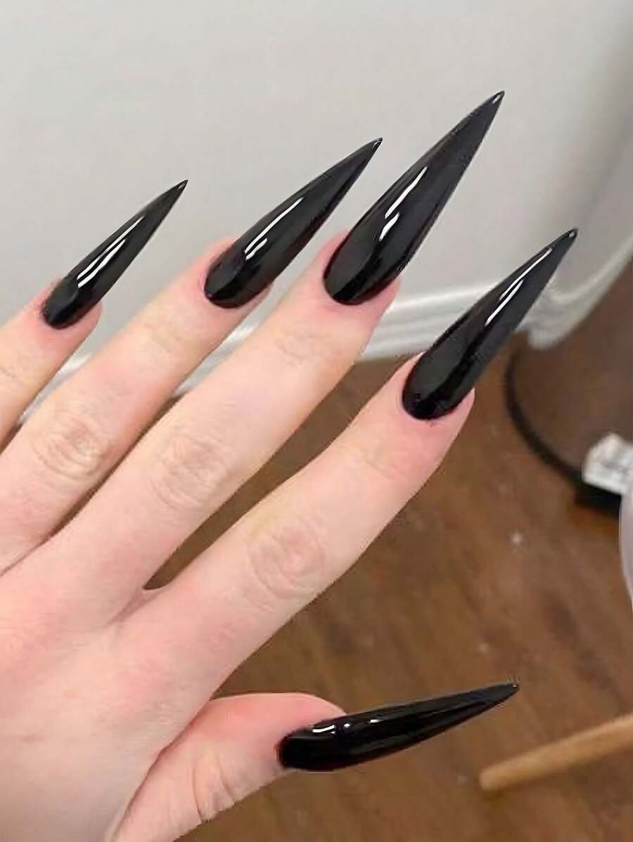 24Pcs Black Long Stiletto Press On Nails Fashion Minimalist Style Fake Nails Glossy Full Cover False Nails For Women Girls Daily Wear Nail Supplies Nails - Black - View 1