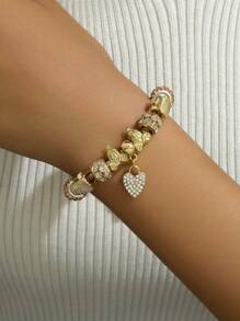 Rhinestone Heart Charm Bracelet - Vàng - Xem 2