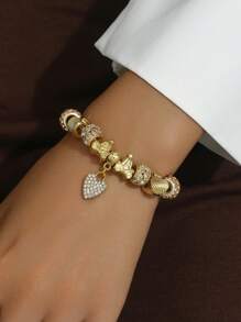 Rhinestone Heart Charm Bracelet - Vàng - Xem 1