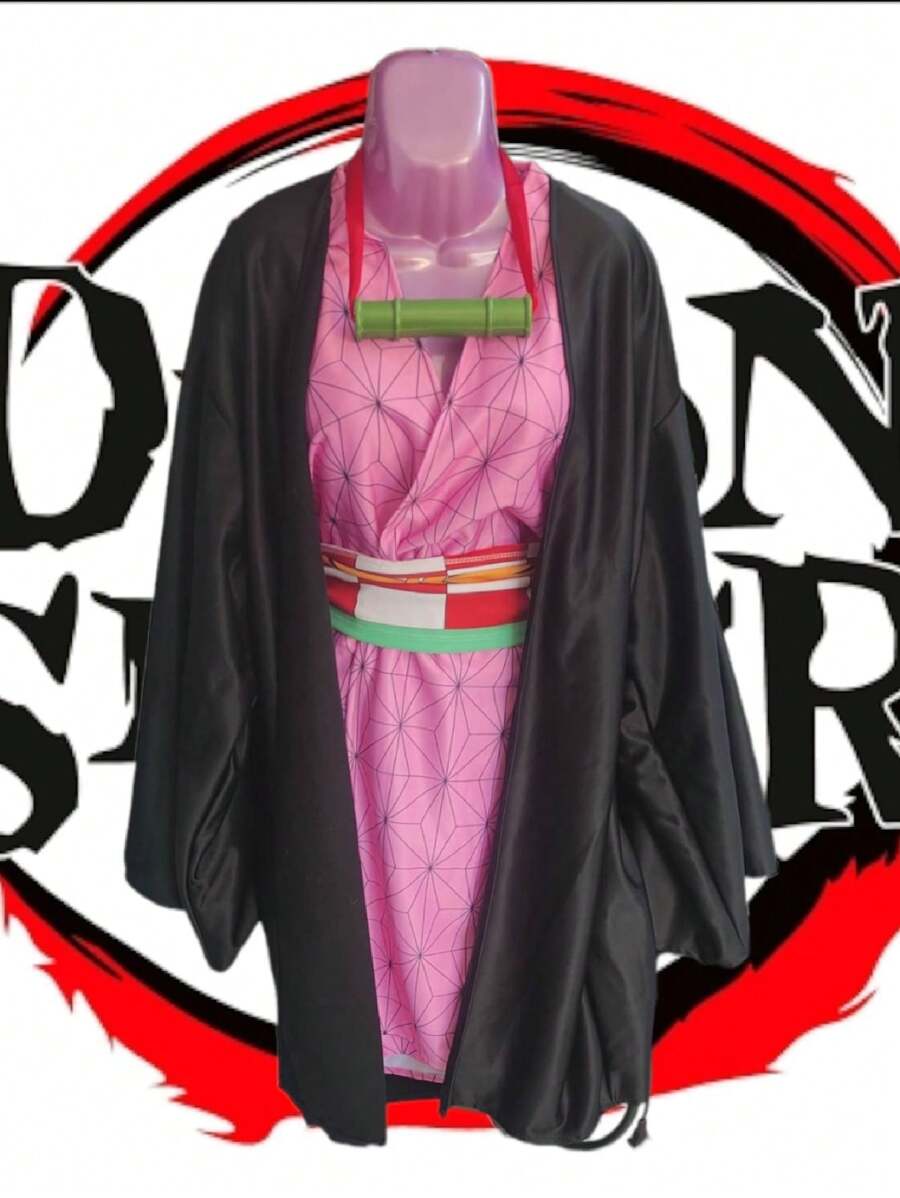 Nezuko Cosplay Costume With Accessories Kimetsu No Yaiba, 4 Pieces - Black - View 1