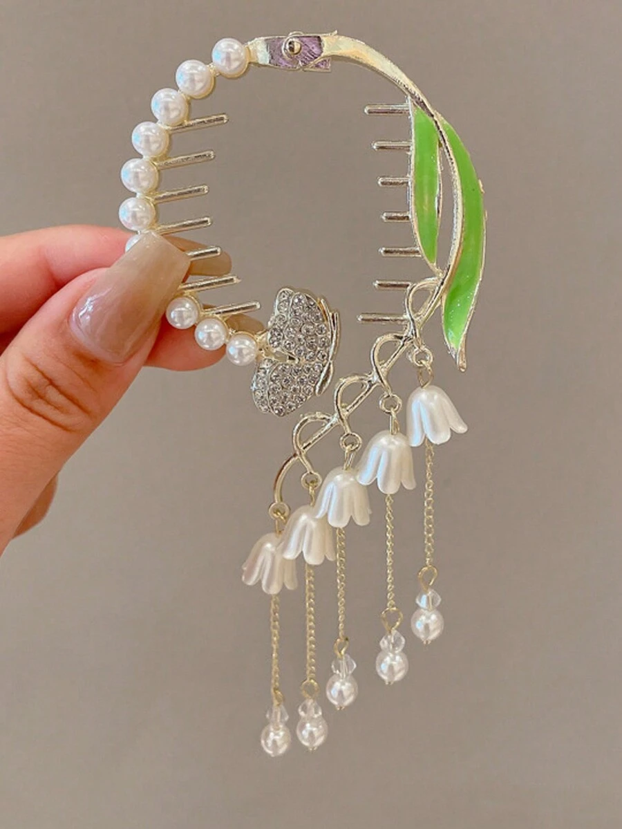 1pc Women's Butterfly-shaped Pearl & Rhinestone Decor Tassel Ponytail Holder Hair Clip, Elegant And Stylish Hair Accessory Suitable For Daily Use - Gold - View 1