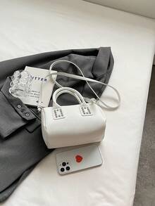 1入白色pu時尚手提包,鉚釘細節,拉鍊封口,適合女性日常使用 - 白色 - 查看 5