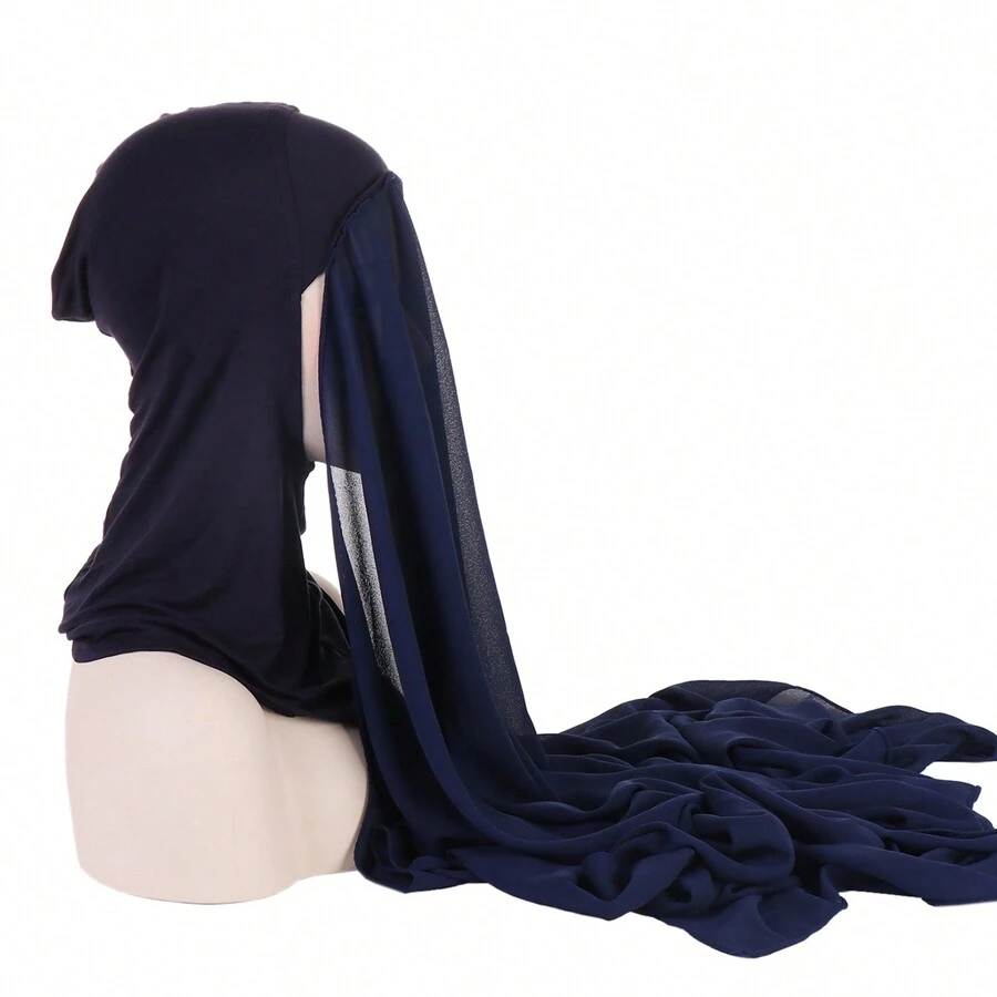 1pc Solid Color Instant Hijab Casual Head Wraps Elastic Breathable Turban Cap Undercap  Headscarf For Women - Navy Blue - View 1