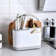 Multifunctional Knife Block With Chopping Board Kitchen Organizer Storage Rack For Knives, Chopsticks, Pot Lids - Grey - View 1