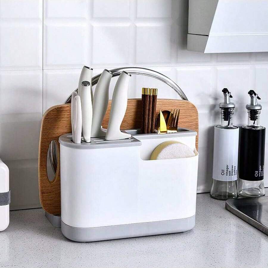 Multifunctional Knife Block With Chopping Board Kitchen Organizer Storage Rack For Knives, Chopsticks, Pot Lids - Grey - View 1