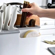 Multifunctional Knife Block With Chopping Board Kitchen Organizer Storage Rack For Knives, Chopsticks, Pot Lids - Grey - View 6