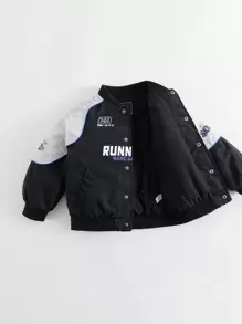 Tween Boy Stylish Sporty Printed Three-Proofing Padded Coat With Baseball Collar, Racing Style, Fall & Winter - Black - View 5