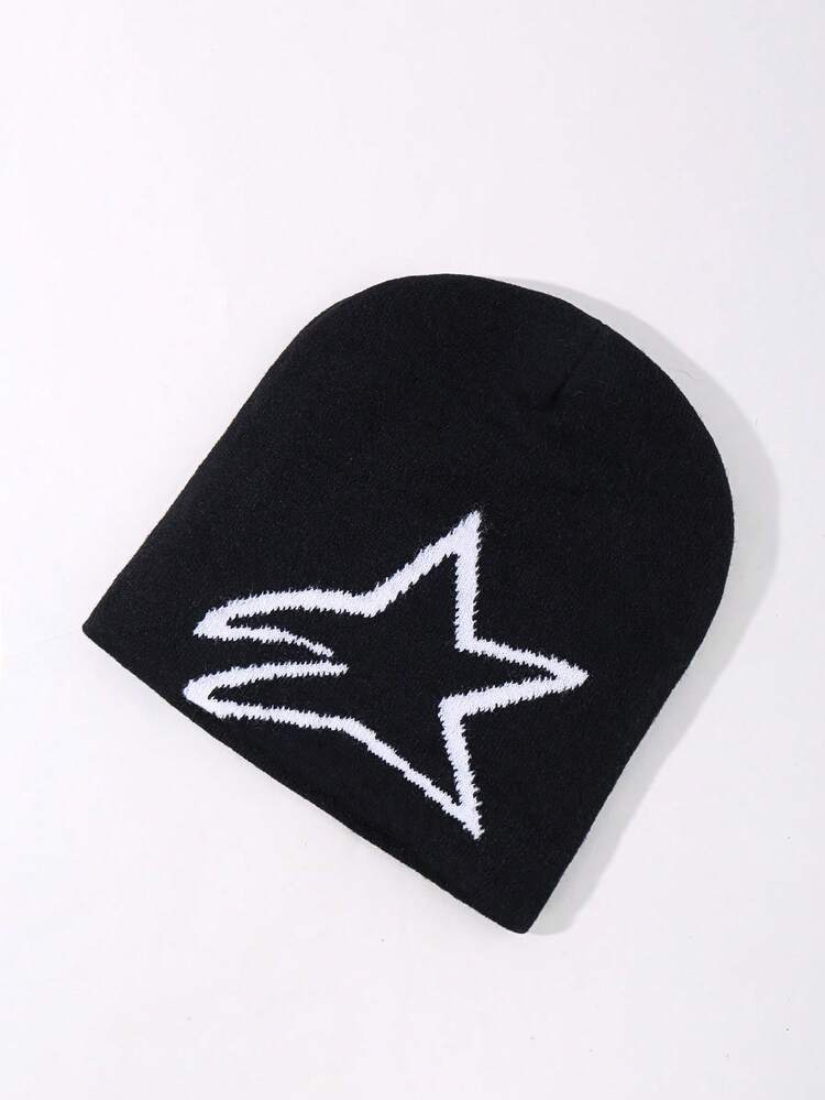 1 Piece Y2K Beanie Hats Knitted Hat Letter Star Jacquard Hat for