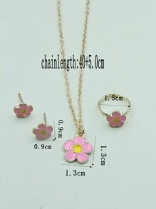 4 件/組粉紅油滴櫻花吊墜項鍊、戒指、耳環組合套裝。非常適合節日禮物