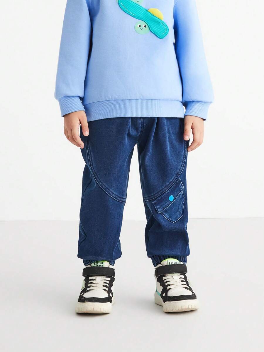 Annil 男童冬季休閒保暖寬鬆牛仔絨加厚褲子藍色 - 藍色 - 查看 1