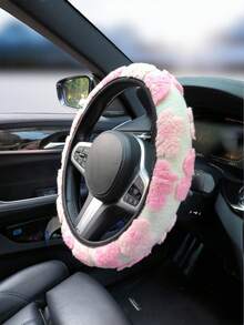 1pc Plush Floral Pattern Steering Wheel Cover, Modern Decorative 3D Pink Flower Elastic Steering Wheel Cover, Creative Cute Fleece Anti-Slip Car Steering Wheel Cover