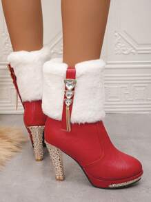 女士金屬高跟鞋，心形鑽石流蘇吊飾高跟靴，時尚紅色靴子