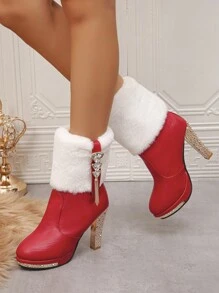 女士金屬高跟鞋，心形鑽石流蘇吊飾高跟靴，時尚紅色靴子