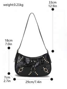 Fashionable Crescent Bag With Rivet Decoration, Large Capacity Shoulder Bag For Women - Black - View 3