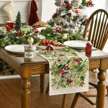 1入新款綠葉和櫻桃麻桌布13*72英寸,適用於家庭聚會,室內/室外餐桌裝飾