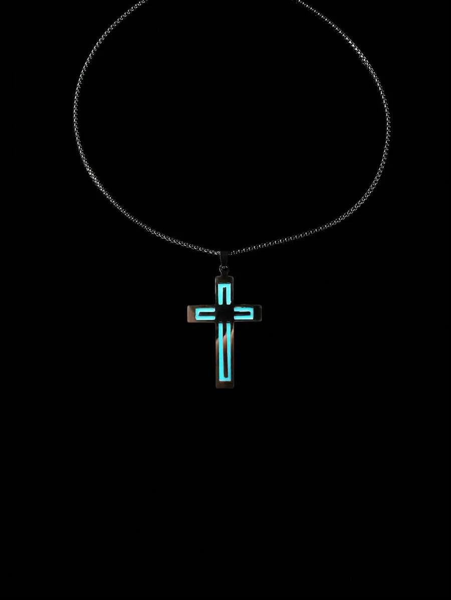 Fashionable and Popular Men Glow In The Dark Cross Pendant Necklace Stainless Steel Punk Hip Pop Style for Jewelry Gift and for a Stylish Look