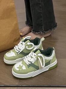 新款春秋藝術風格星星圖案帆布鞋,時尚休閒女運動鞋,圓頭,時尚百搭 - 綠色 - 查看 3