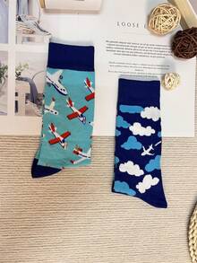 1 双不对称腹袜配色欧美飞机白云游戏机印花男士中筒袜 - 藍色 - 查看 3