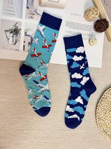 1 双不对称腹袜配色欧美飞机白云游戏机印花男士中筒袜 - 藍色 - 查看 1