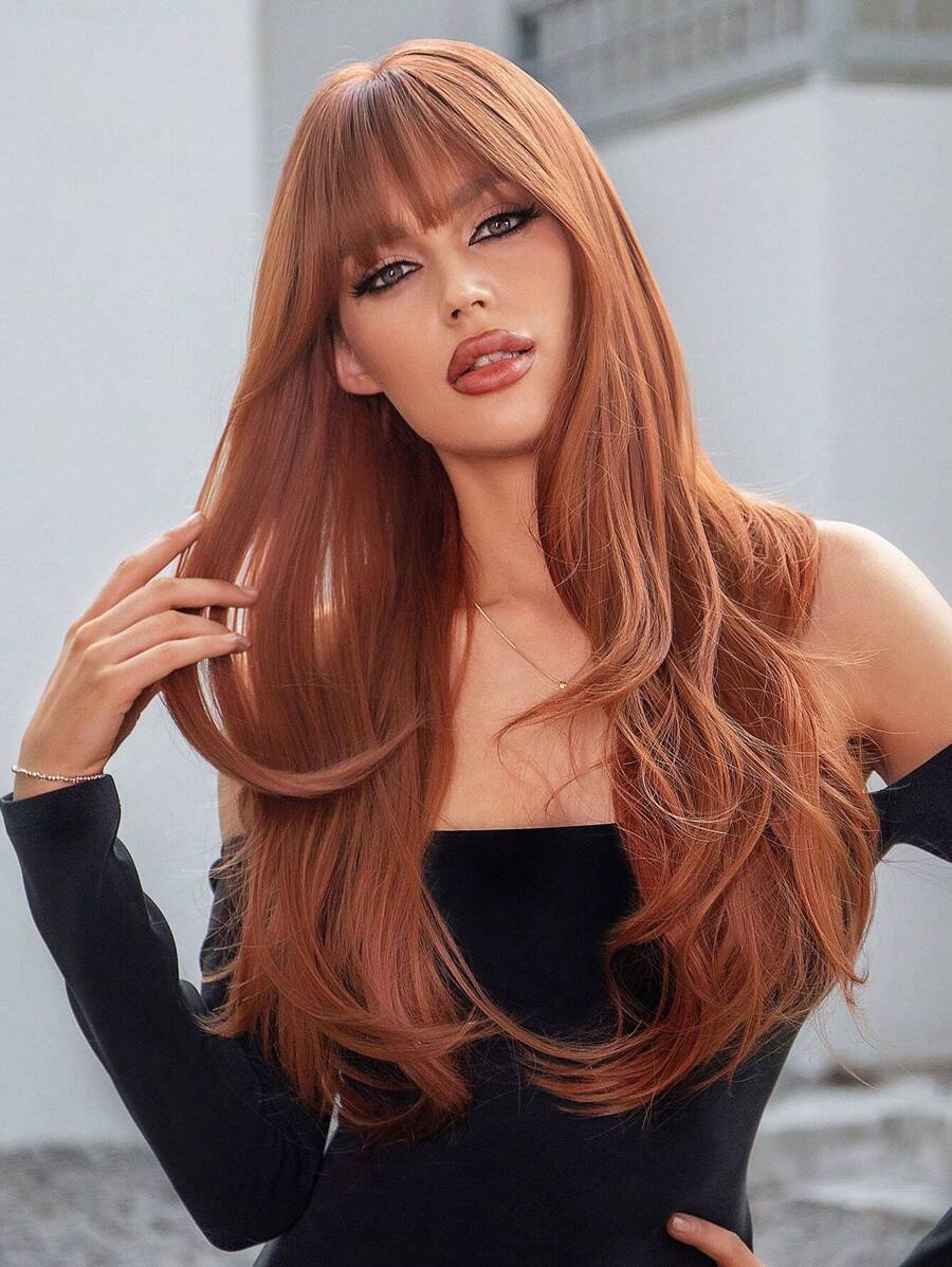 26 Inch Red Brown Copper Ginger Long Curly Wigs For Women, Gorgeous Fluffy Wigs Hair With Bangs Synthetic Wigs For Party Daily Use Halloween