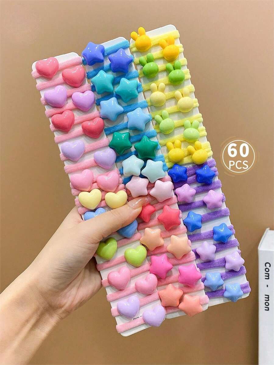 60pcs Candy Colored Cartoon Hair Ties With High Elasticity For Girls - Multicolor - View 1