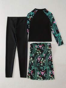 3 件套保守全身泳衣，包括上衣、下装和长袖罩衫夏季 - 黑色 - 查看 6