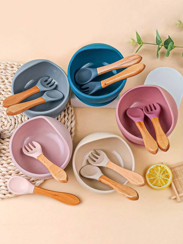 3PCS Baby Feeding Utensil Set,A Silicone Bowl With Suction Base And Wooden Handle Spoon Fork With Silicone Heads Easily Cleaned Kid Tableware Suitable For Daily Use And Outdoor Activities
