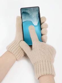 1 Pair Women's Winter Double Layered Thickened Touch Screen Gloves + 1 Pair Knitted Warm Full Finger Gloves, For Driving, Running, Cycling, Hiking, Party, Gaming, Cold Weather - Beige - View 4