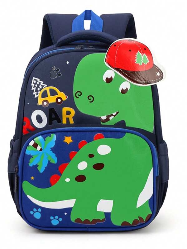 Mochila Infantil Com Padrão De Dinossauros Caricatos Para Meninos De Creche E Jardim De Infância, Cor Azul Com Fivela Anti-perdida No Peito