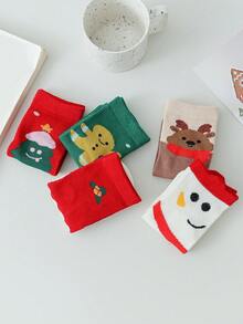 5pairs/pack Children's Cute Soft And Comfortable Christmas Snowman Socks - Multicolor - View 3