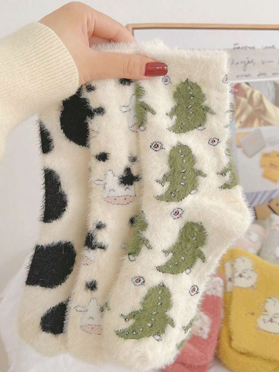 3雙女士加絨雪地靴襪，帶牛紋圖案，秋冬季節必備