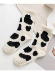 3雙女士加絨雪地靴襪，帶牛紋圖案，秋冬季節必備