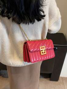 1 件纯色 PU 面料单肩包，菱格绗缝刺绣图案，酒红色 Ancora，金属链带，翻盖开合，适合购物、约会、送给女性、青少年、大学生、初学者和办公室女士的礼物，非常适合办公室、校园、工作、商务、通勤，时尚的酒红色包 - 紅色 - 查看 5