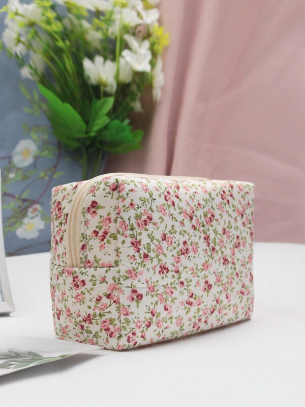 1pc Pink Small Floral Print Cosmetic Bag, Polyester Fiber Quilted
