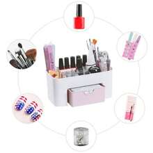 藍色美甲裝飾和珠寶收納盒帶抽屜,塑膠粉紅色美甲刷收納架