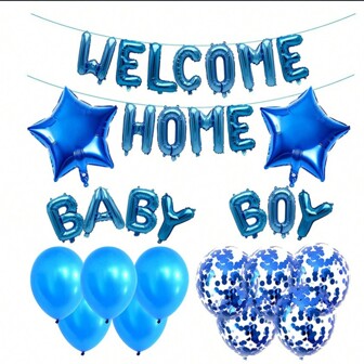 34 st blå välkommen hem babyflicka ballongbanderoll för babyshowerdekorationer könsavslöjande festtillbehör för temadistribution återvända hem familjefestdekorationer baby pojke hem festdekoration