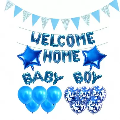34 件蓝色迎婴派对装饰用品，欢迎回家女孩气球横幅，婴儿洗礼装饰，婴儿性别揭晓派对用品，主题布置，回家家庭派对装饰，男婴回家派对装饰