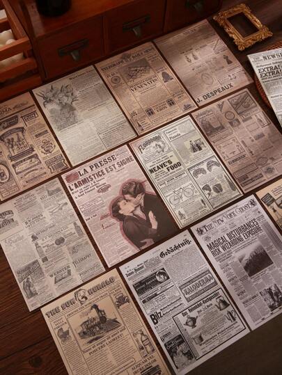 30pcs/Pack Vintage Newspaper Style Scrapbook Paper, Tearable Artistic Journal Decoration Material Back To School