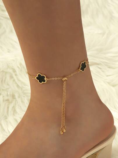 1pc Hollow Out Metallic Dangle Oil Punk Gothic Flower Geometric Shaped Clover Design Minimalist Retro Chain Anklet For Back To School Season, Halloween, Party Valentines