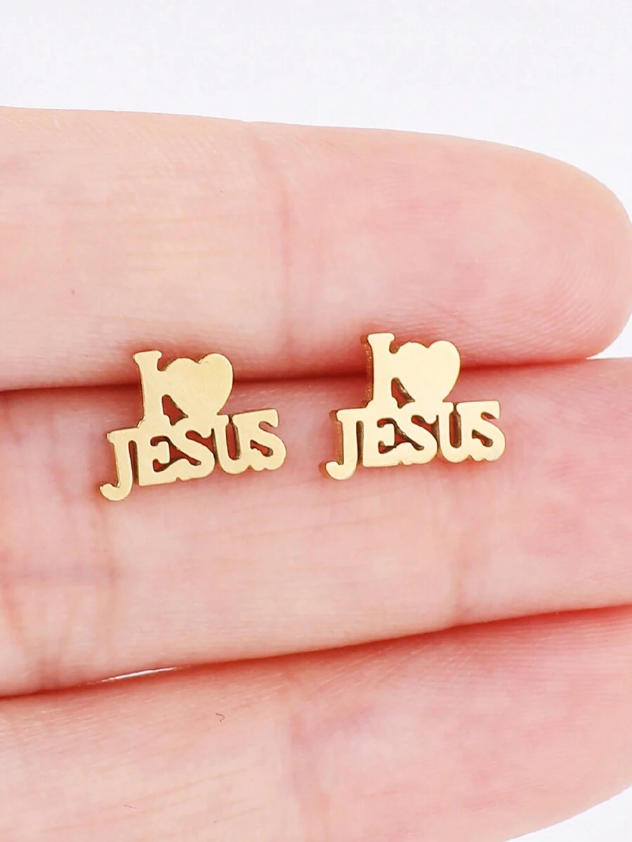 1對不鏽鋼英文字母耳釘,適合女學生日常佩戴 - 金黃色 - 查看 1