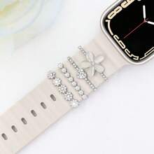 4 piezas Compatible con Apple Watch Ultra/SE/8/7/6/5/4/3/2/1. Set de pines y bandas de reloj de aleación de zinc con decoración de flor de ojo de gato blanco, regalo ideal para estudiantes que regresan a la escuela para el Día de San Valentín - Blanco - Ver 1