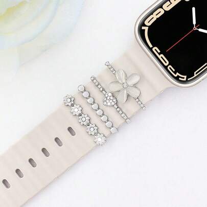 4 件锌合金猫眼花饰白色表针和表带适用于 Apple Watch Ultra/Se/8/7/6/5/4/3/2/1，可作为返校学生的礼物