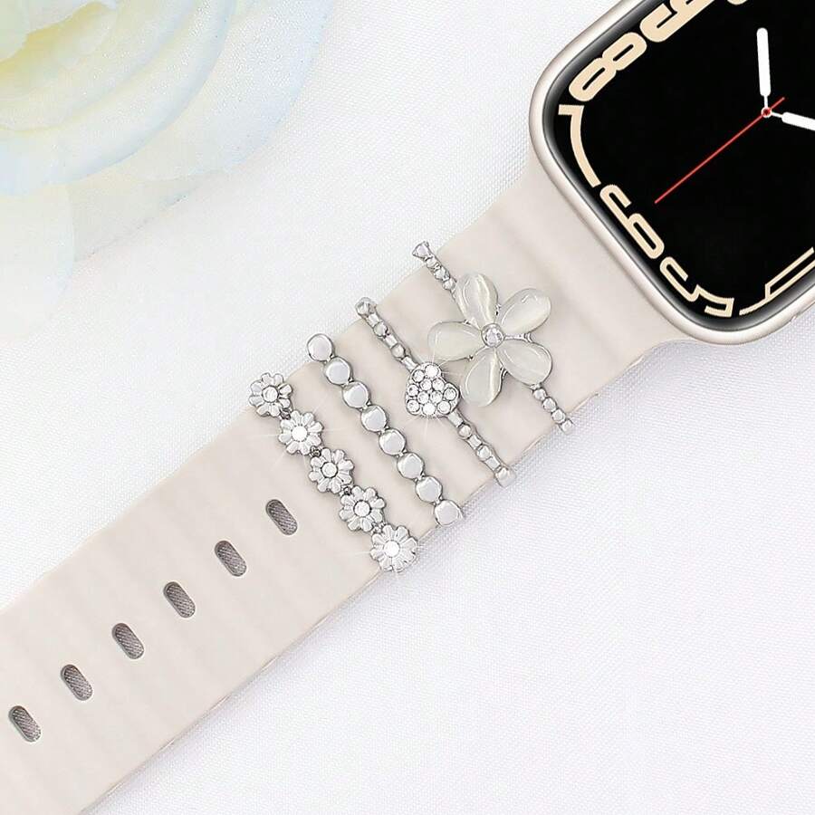 4 piezas Compatible con Apple Watch Ultra/SE/8/7/6/5/4/3/2/1. Set de pines y bandas de reloj de aleación de zinc con decoración de flor de ojo de gato blanco, regalo ideal para estudiantes que regresan a la escuela para el Día de San Valentín - Blanco - Ver 1