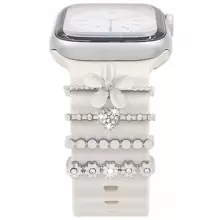 4 piezas Compatible con Apple Watch Ultra/SE/8/7/6/5/4/3/2/1. Set de pines y bandas de reloj de aleación de zinc con decoración de flor de ojo de gato blanco, regalo ideal para estudiantes que regresan a la escuela para el Día de San Valentín - Blanco - Ver 3